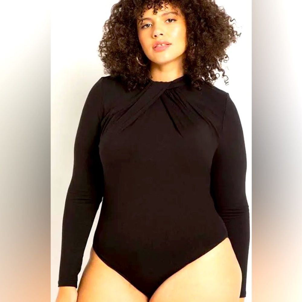 ELOQUII Black Twist Neck Bodysuit, Snap Crotch, Size 26/28W, Back Button Detail